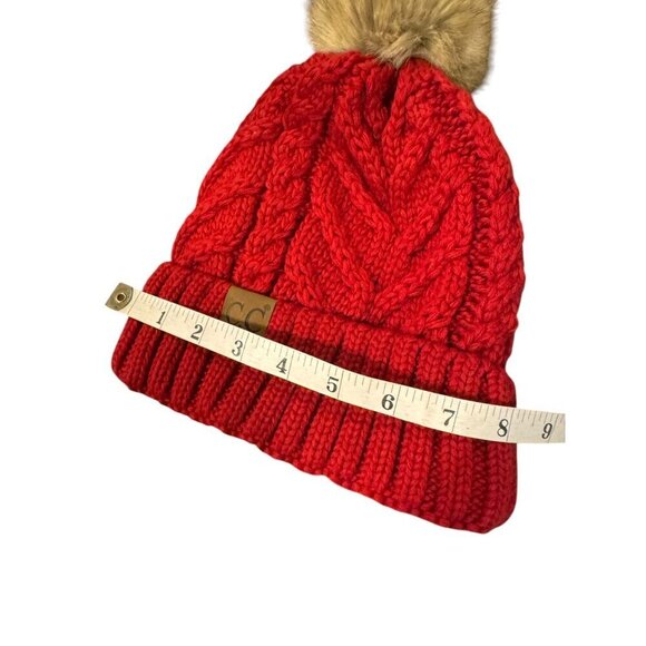 C.C Red Cable Knit Pom Beanie Hat With Faux Fur Pom One Size - Picture 5 of 9